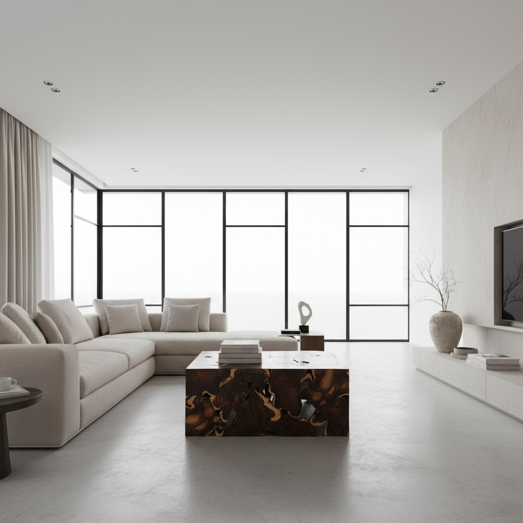 Modern living room with a large sectional sofa, coffee table, and large windows.