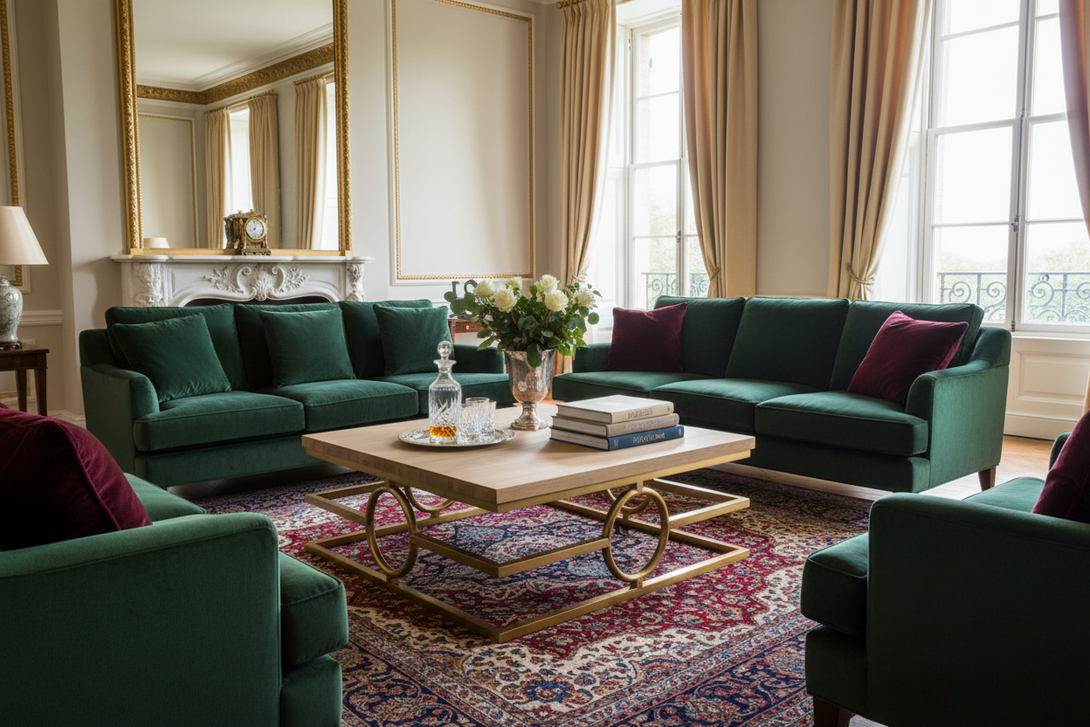 Luxurious living room with green sofas, a wooden coffee table, and decorative elements.