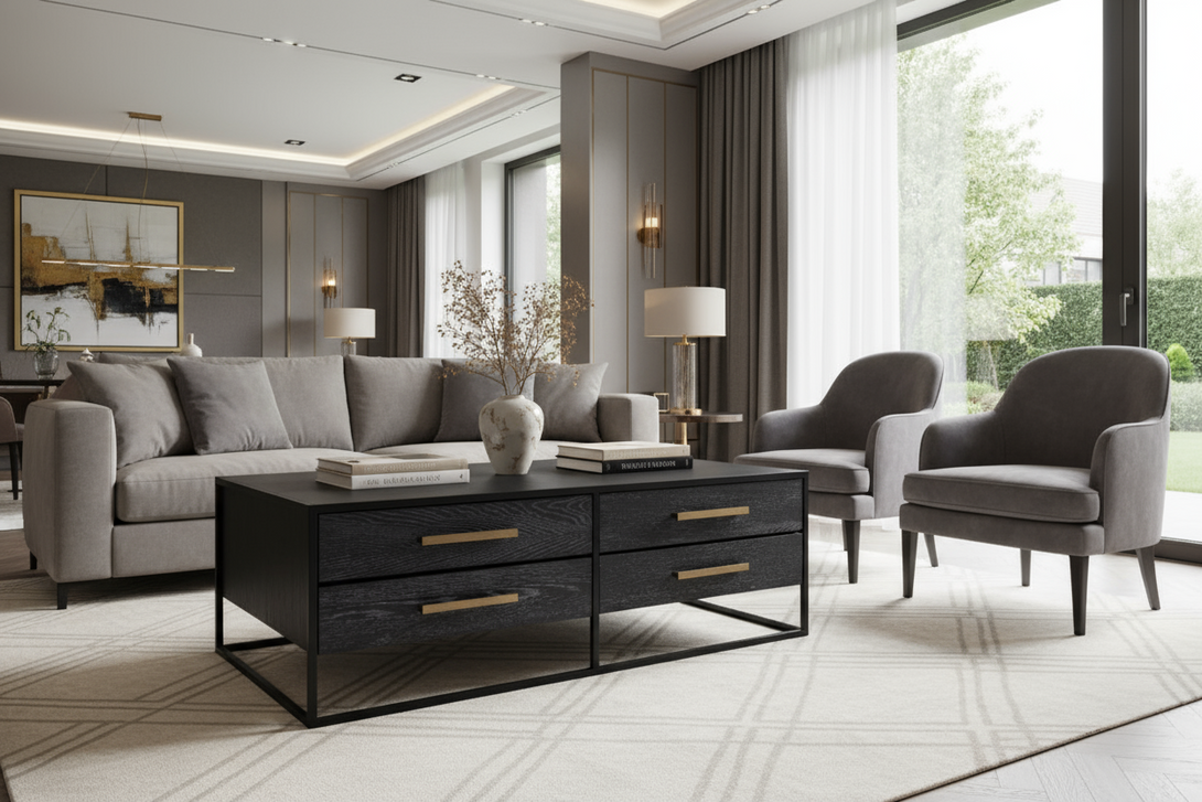 Modern living room with gray sofa, armchair, and black coffee table.