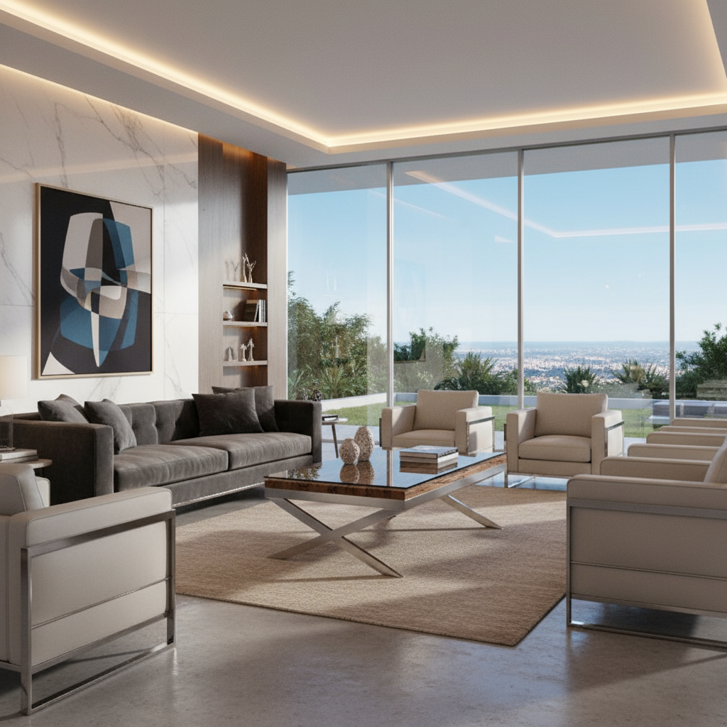 Modern living room with wood top coffee table, grey sofa, beige chairs, and large windows.