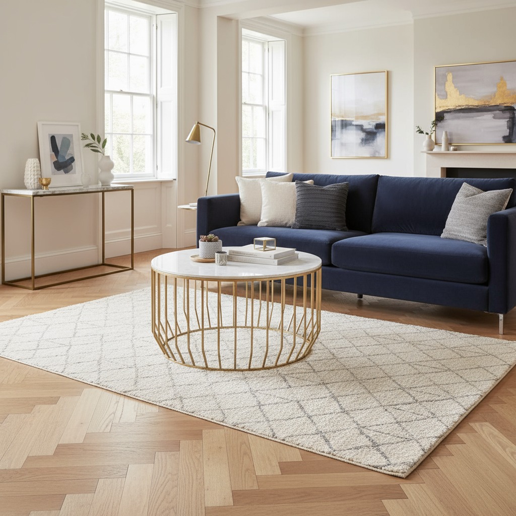 Modern living room with a blue sofa, gold coffee table, and decorative elements.