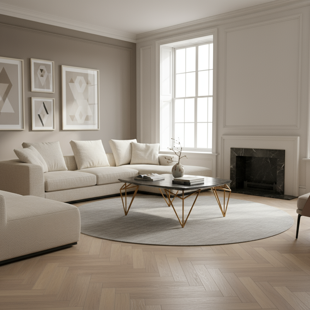 Modern living room with a beige sectional sofa, coffee table, and decorative elements.