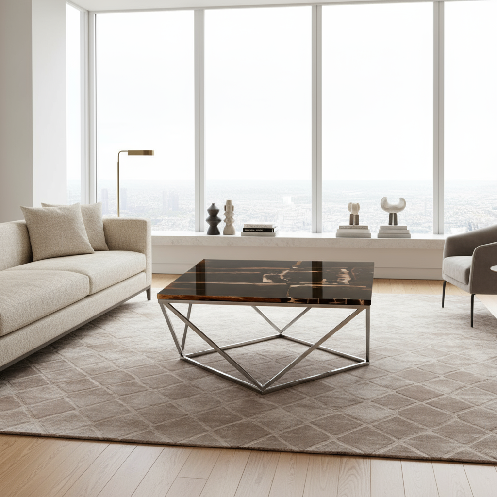 Modern living room with a wood top coffee table, sofa, and chairs.