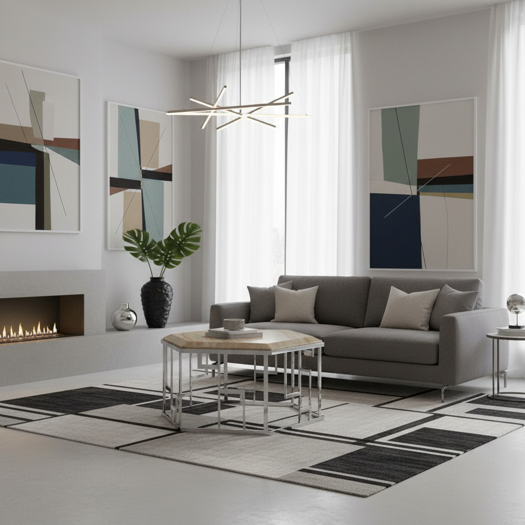 Modern living room with gray sofa, coffee table, and abstract art on walls.
