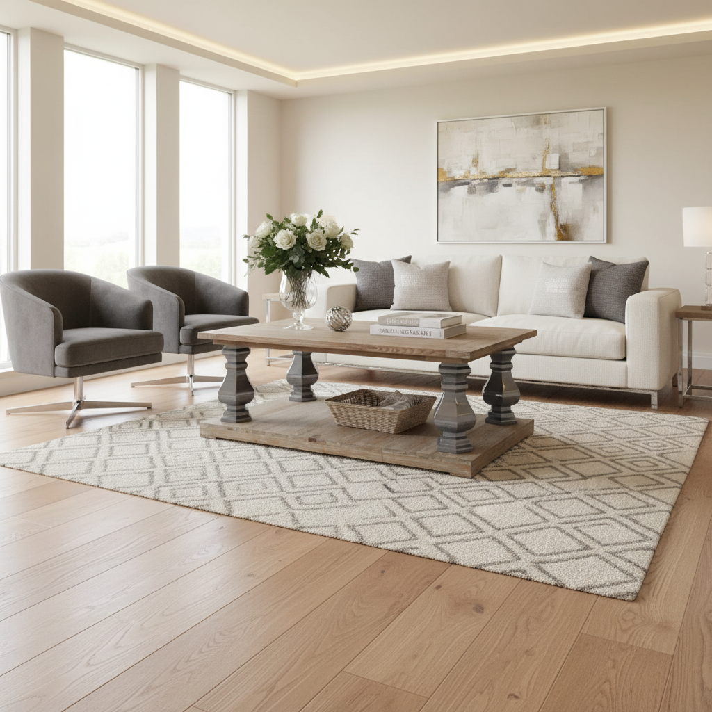 Modern living room with a sofa, chairs, coffee table, and decorative elements.