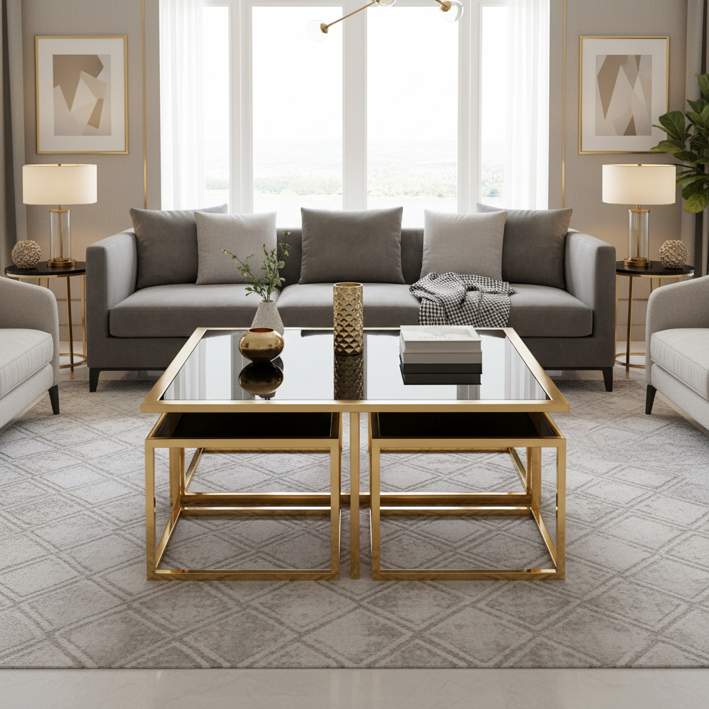 Modern living room with gray sectional sofa, gold coffee table, and decorative elements.