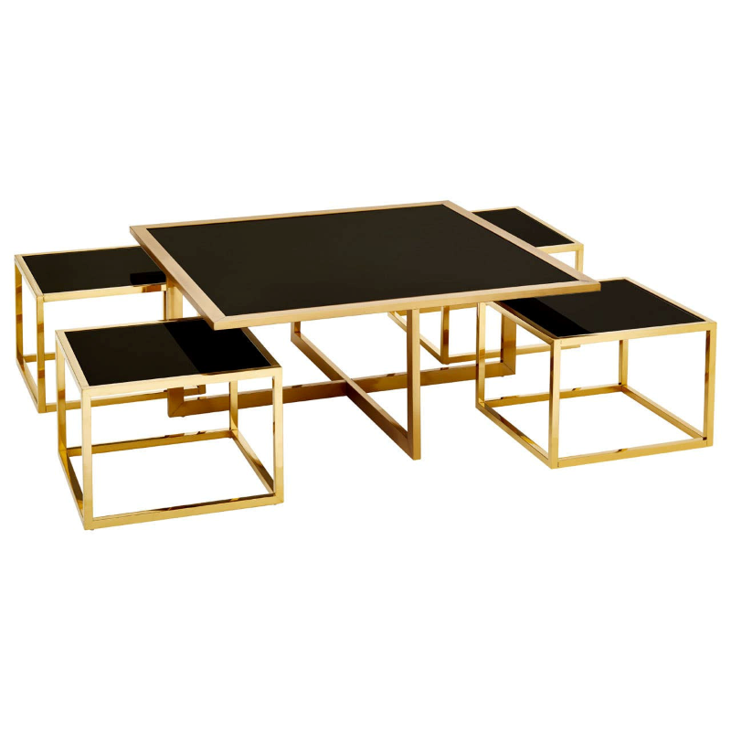 Coffee Table And Stool Set- Horizon Black Tempered Glass