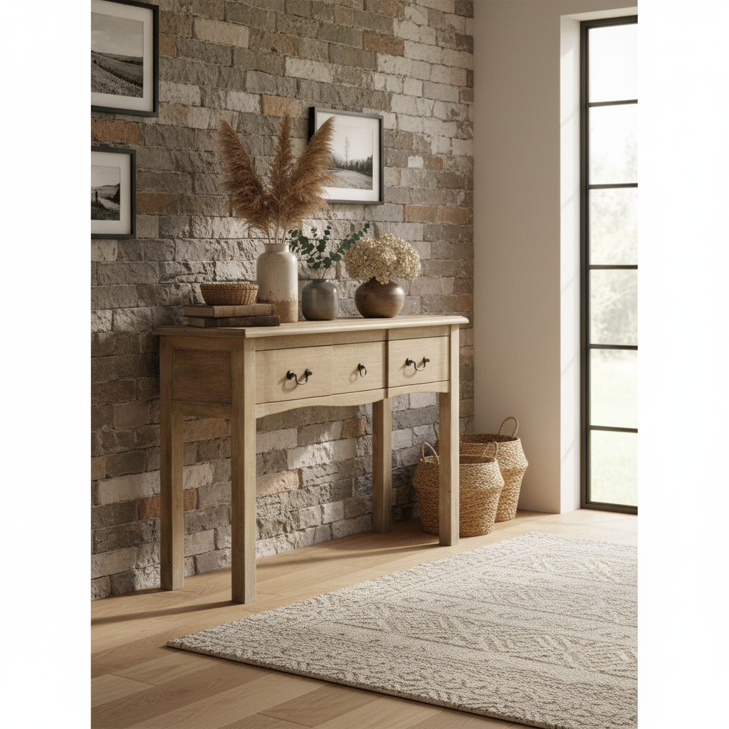 Console table against a stone wall with decorative items in a room with large windows.
