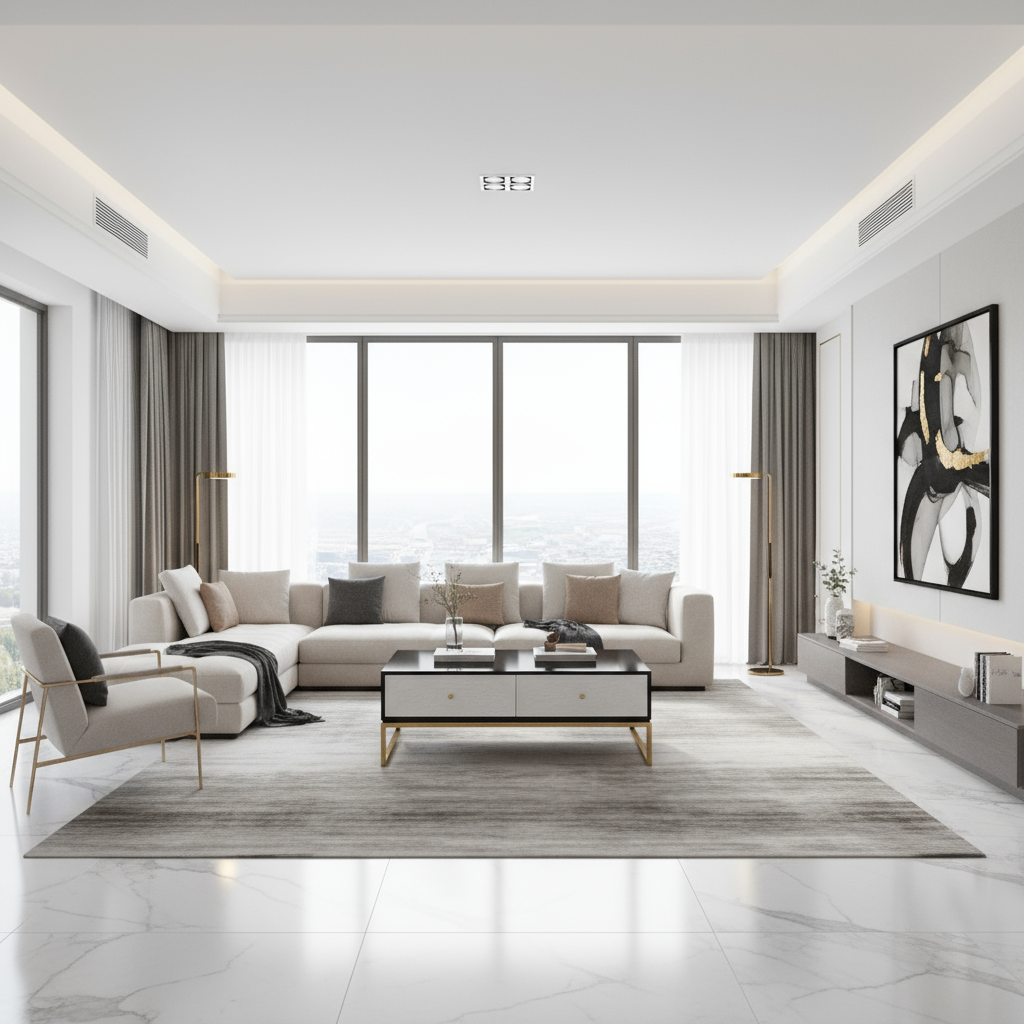 Modern living room with a sectional sofa, coffee table, and decorative elements.