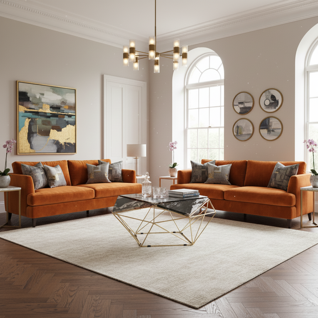 Modern living room with orange sofa, geometric coffee table, and decorative elements.