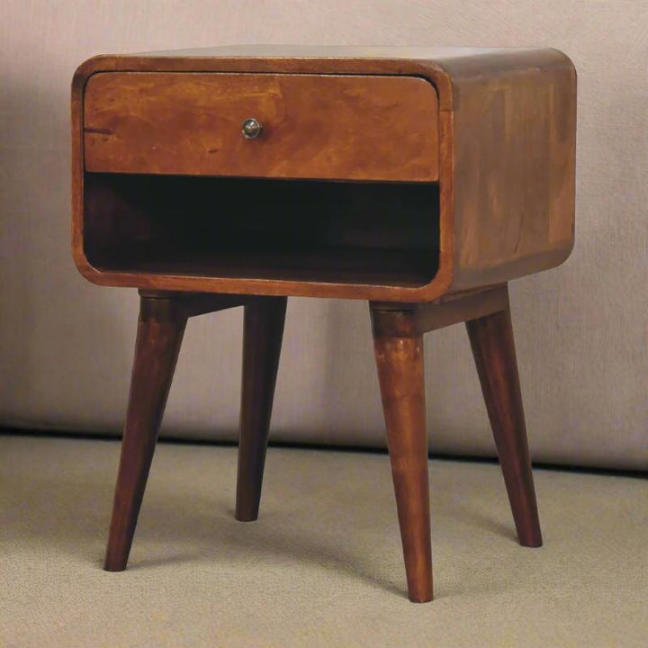 Chestnut Bedside Table- Curve Open Slot