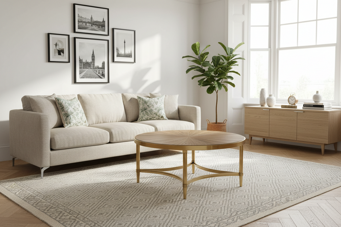 Modern living room with a beige sofa, wooden coffee table, and decorative elements.