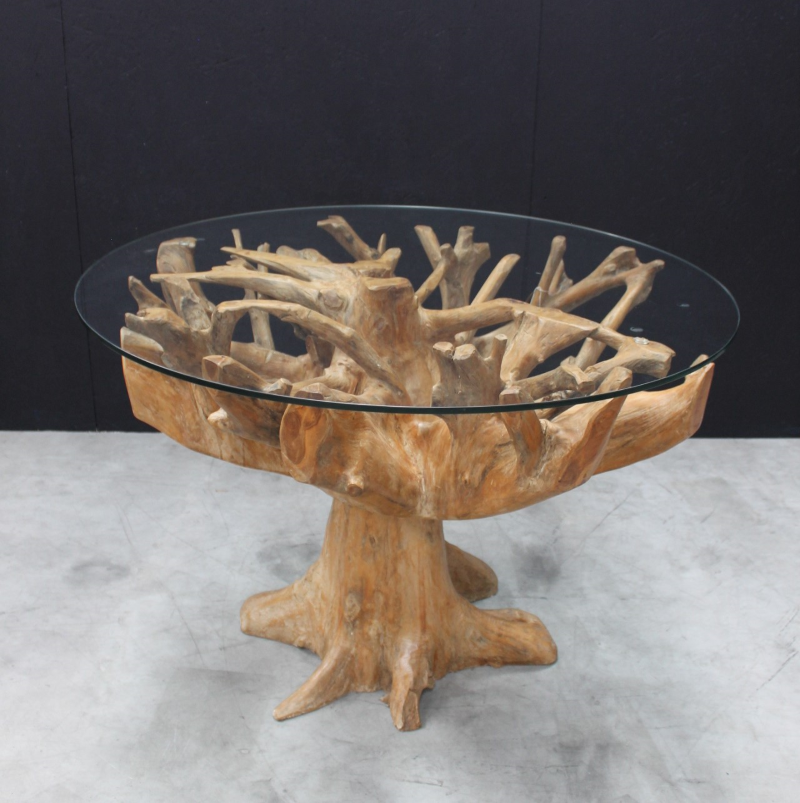 Solid Teak Wood Round Dining Table with Glass Top - 110 cm - Root ...