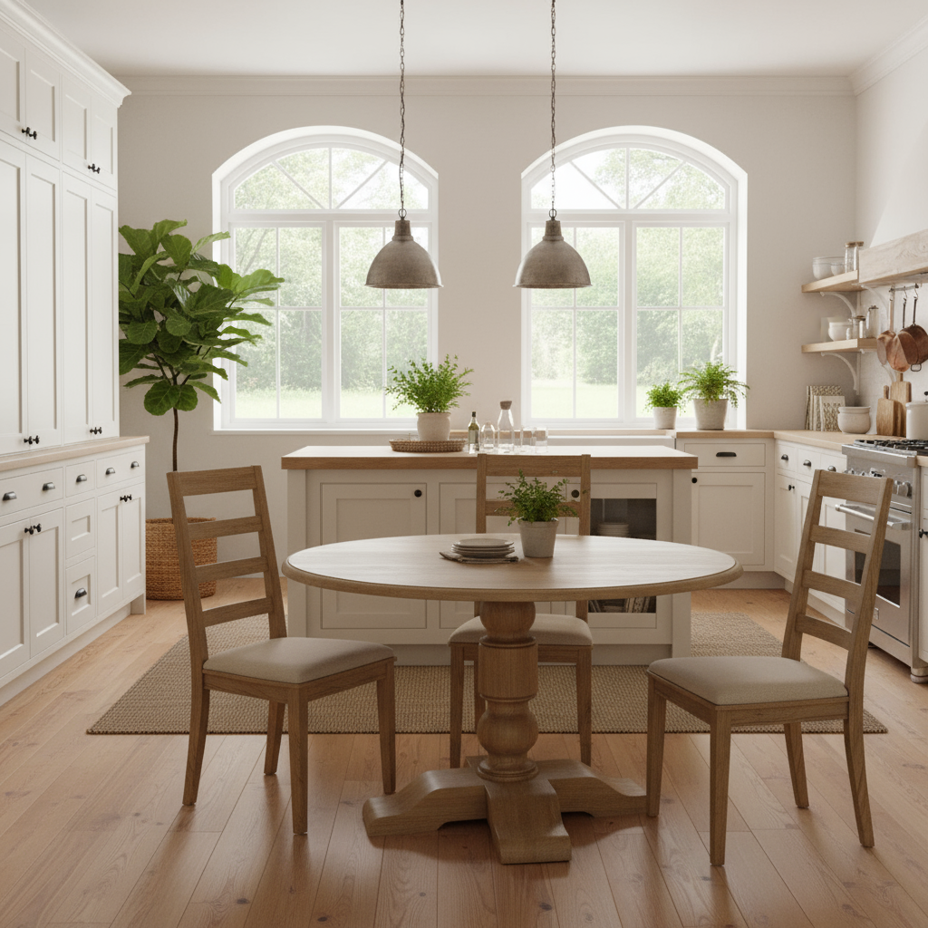 Dining area with wooden table and chairs in a bright kitchen.
