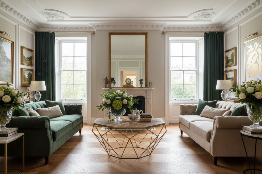 Living room with green and beige sofas, a coffee table, and decorative elements.