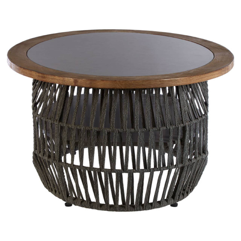 Round side table with wooden top and woven base 
