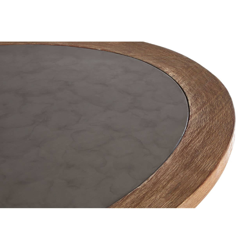 Round table with dark grey top and wooden edge 