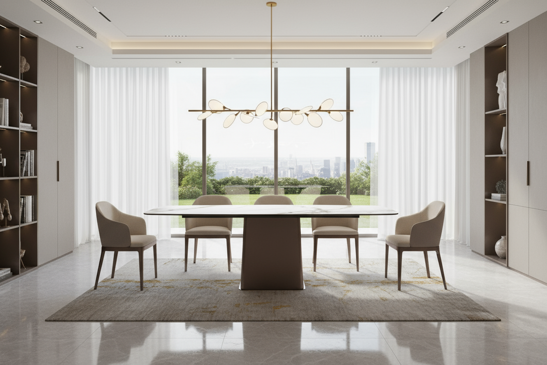 Modern dining room with a large window view, table, and chairs.