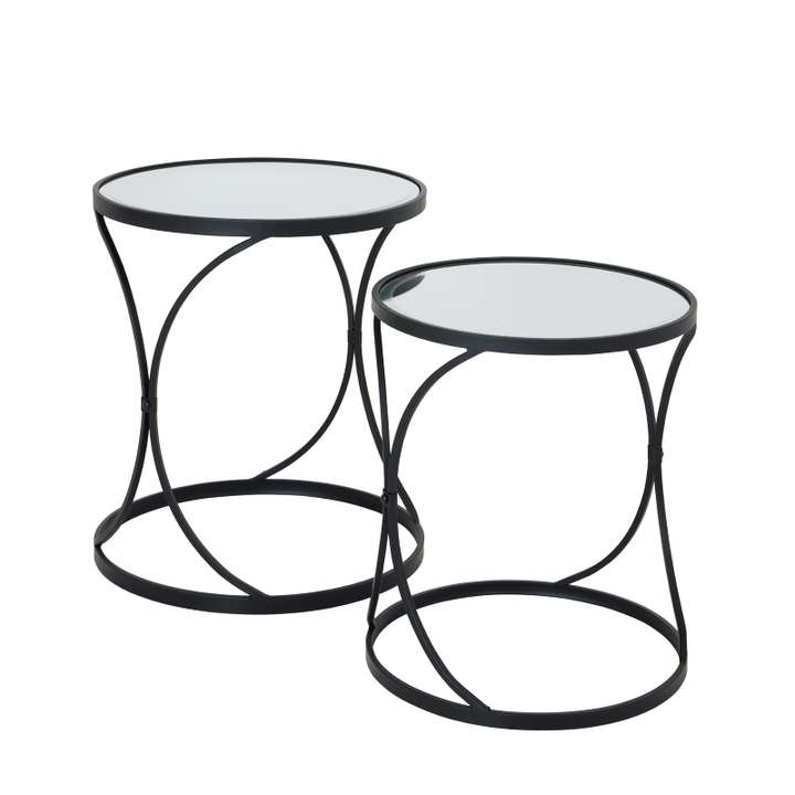 Side Table- Concaved Black Mirrored- Set of 2- Set