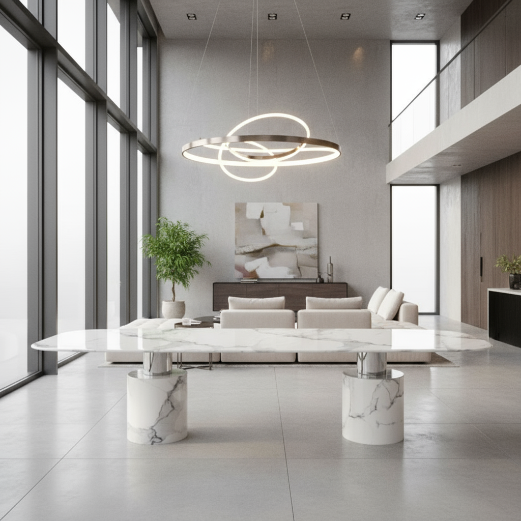 Modern living room with a marble dining table and stylish chandelier.