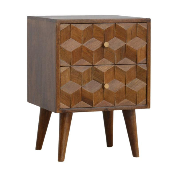 Chestnut Bedside Table- Cube Carved