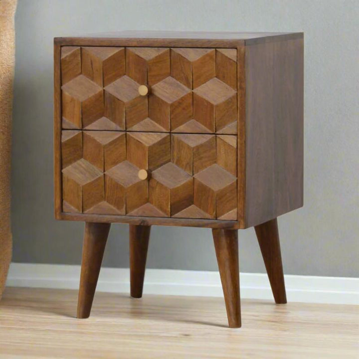 Chestnut Bedside Table- Cube Carved