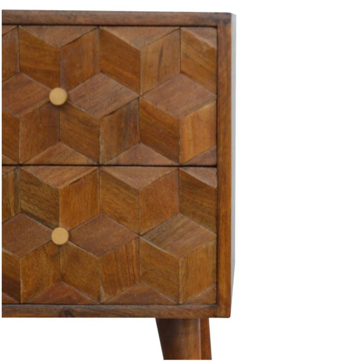 Chestnut Bedside Table- Cube Carved