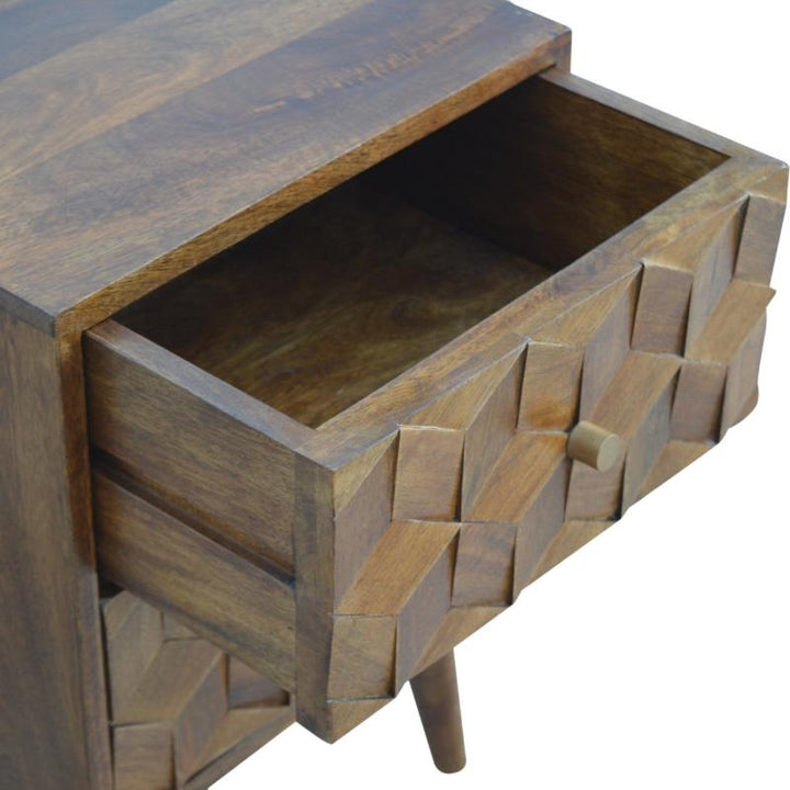 Chestnut Bedside Table- Cube Carved